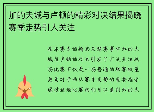 加的夫城与卢顿的精彩对决结果揭晓赛季走势引人关注